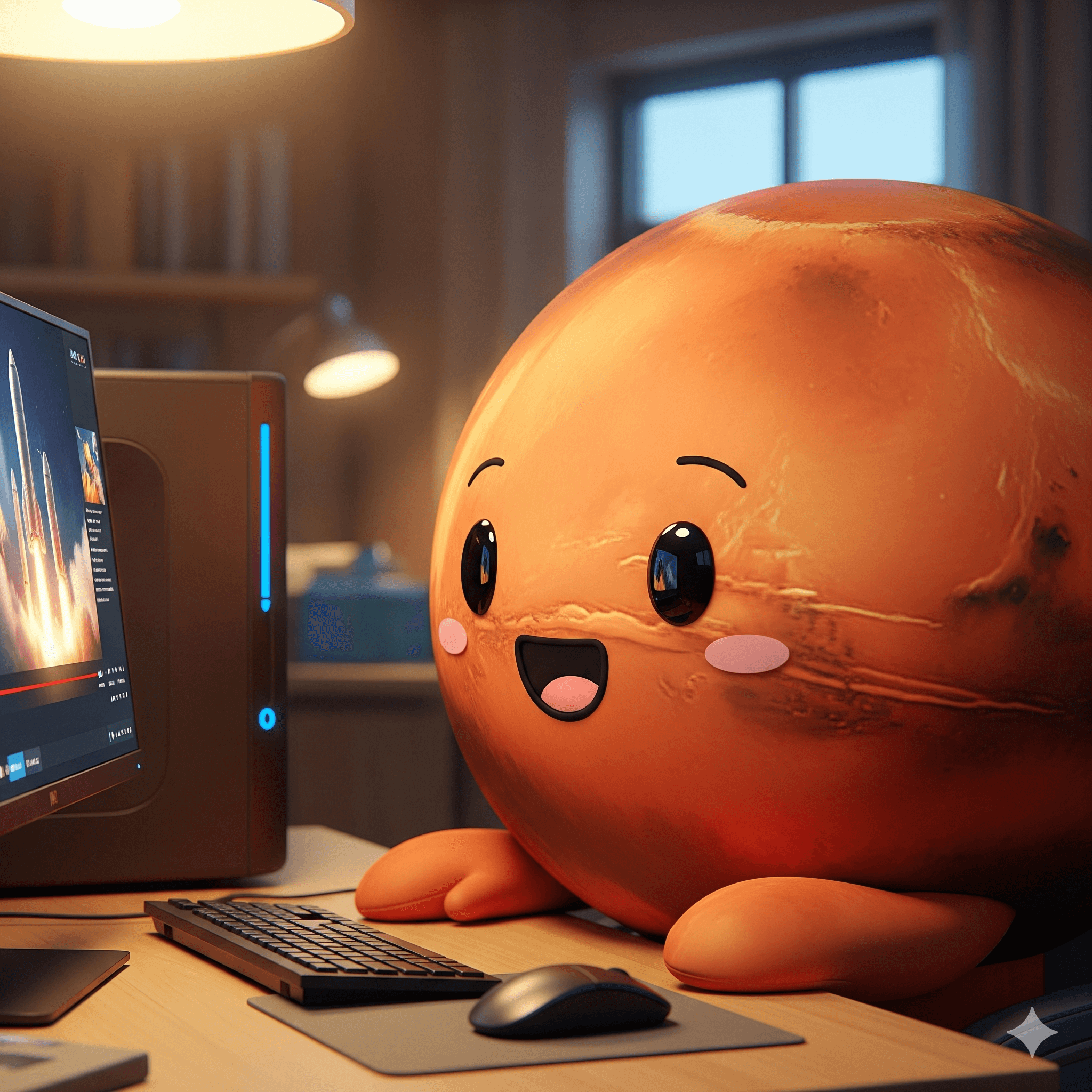 The MARS mascot, a smiling planet Mars sitting at a computer